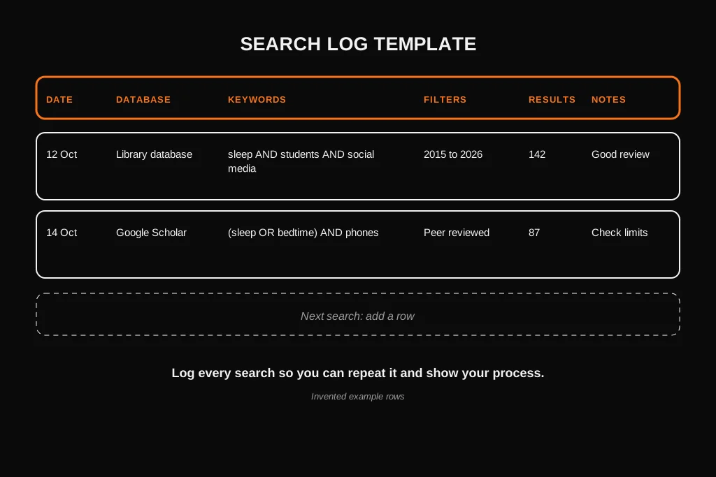 Dissertation Literature Review: What It Is, How to Write It, Examples and Structure Search log template with six columns for date, database, keywords, filters, results and notes
