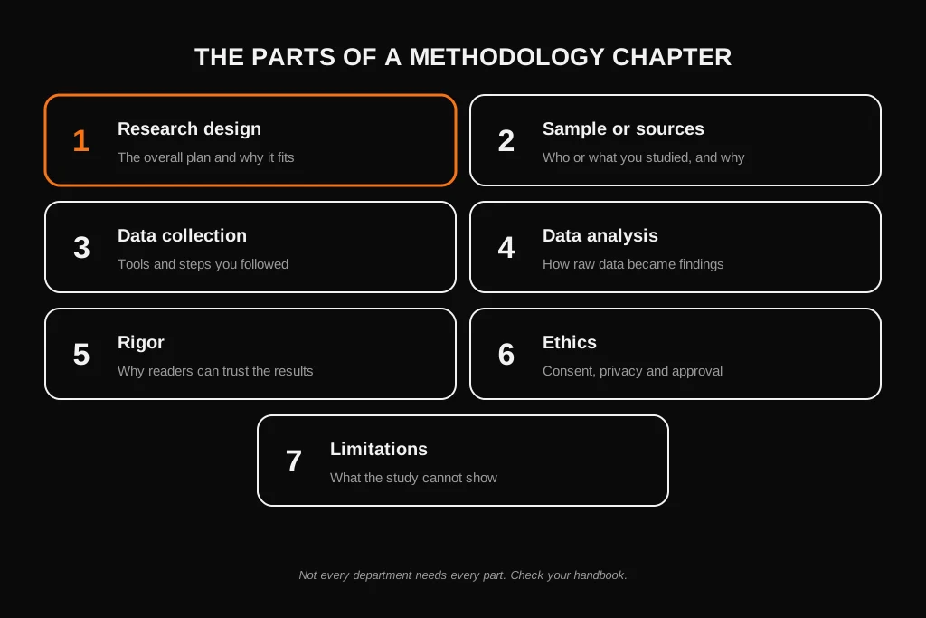 Dissertation Methodology: What It Is, How to Write It, Examples and Template Seven parts of a methodology chapter: research design, sample, data collection, analysis, rigor, ethics and limitations