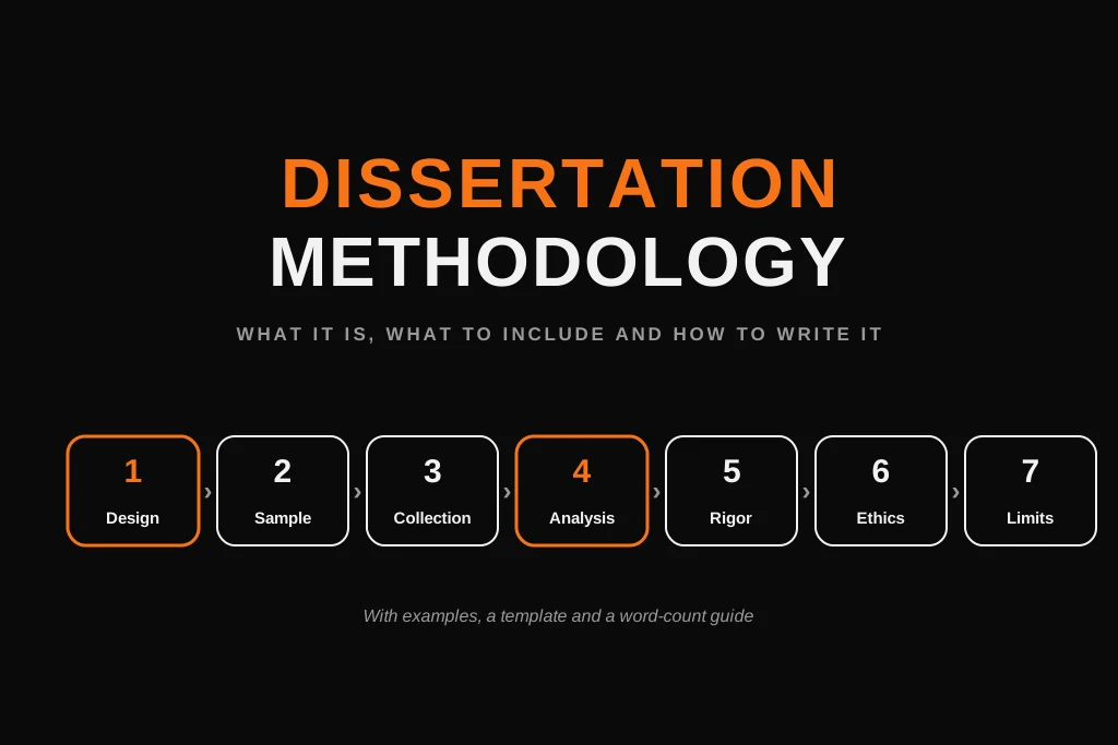 Dissertation Methodology: What It Is, How to Write It, Examples and Template Guide to dissertation methodology showing seven parts from research design to limitations