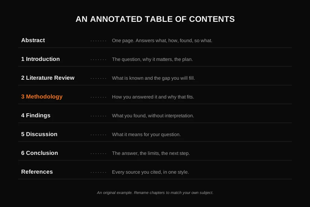 Annotated example table of contents for a dissertation with a purpose for each heading