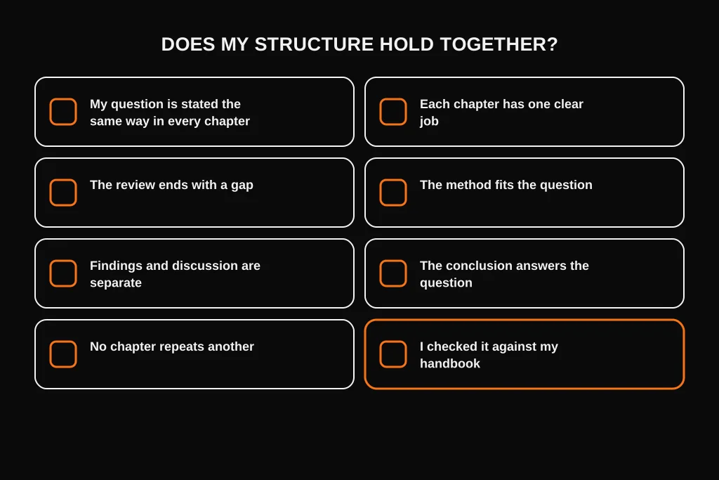 Eight-question checklist for testing whether a dissertation structure holds together