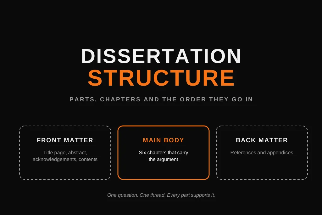 Dissertation structure guide showing front matter, main body and back matter