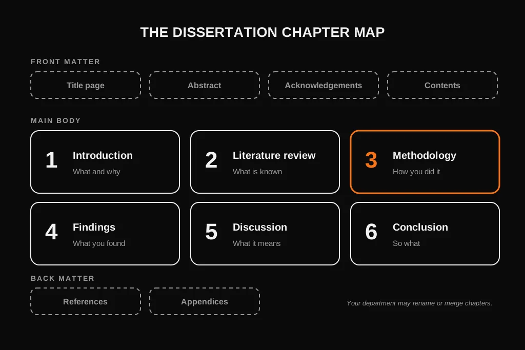 Dissertation structure chapter map showing front matter, six main chapters and back matter